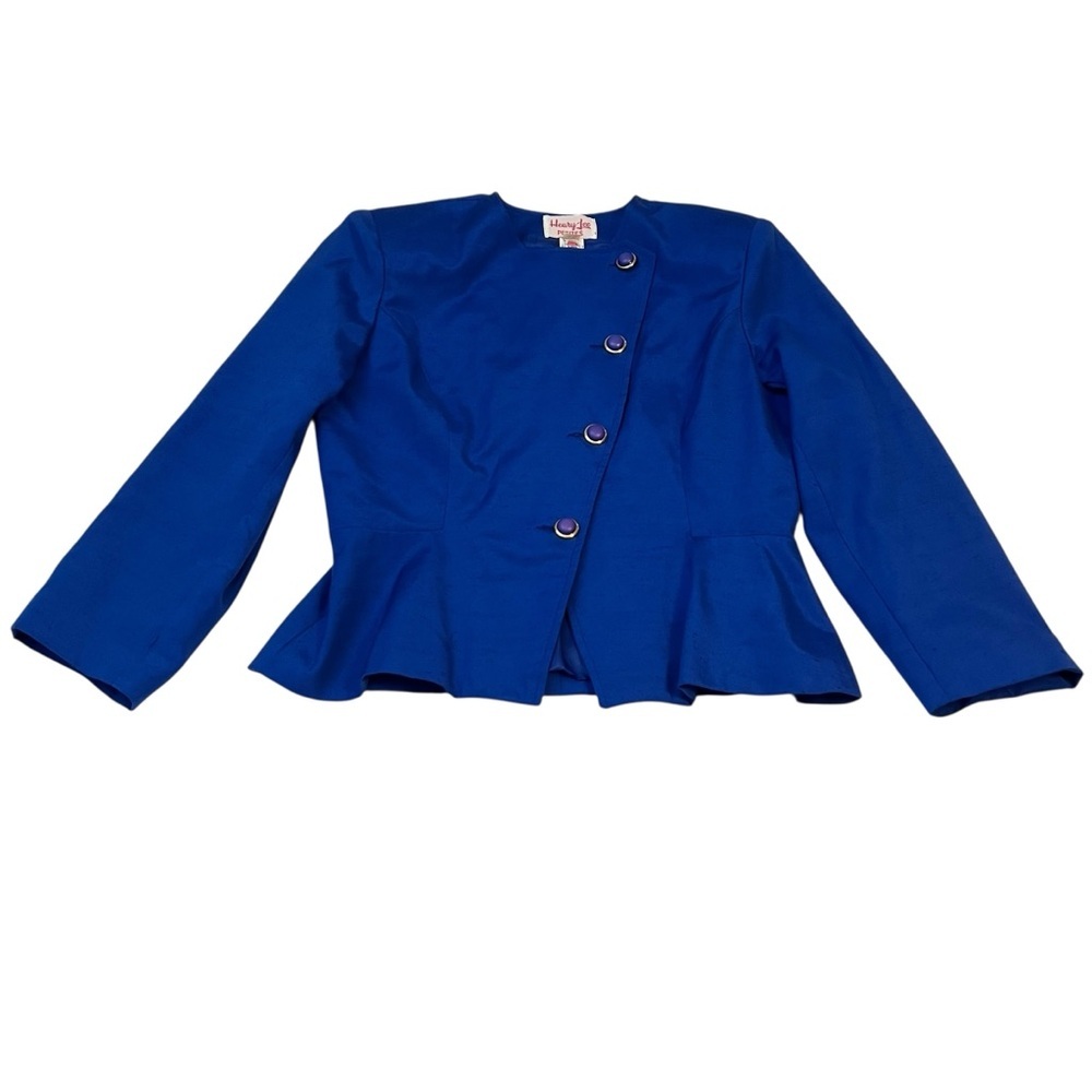 Vintage Henry Lee Petites Royal Blue Peplum Blazer‎ Jacket Asymmetrical Sz 14P